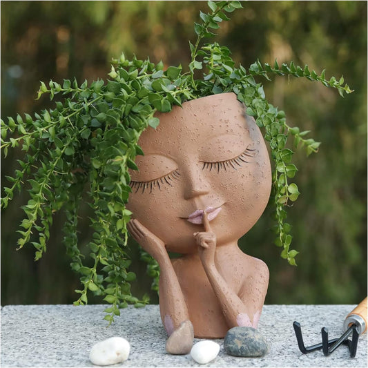 Woman Female Girl Saying Signing Shh Quiet Face Head Planter Pot